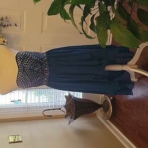 Bee Darlin teal beaded strapless dress asymmetric hem longer back Lined 5/6 EUC…